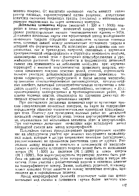 Детальные почвенных карты (масштаб 1 :200 и 1 :5000) подробно и точно отображают почвенный покров территории на уровне распространения низших таксономических единиц — ЭПА. Детальные почвенные карты как эффективный метод исследования почвенного покрова открывают возможности познания генезиса почв, сложных связей между компонентами почвенного покрова и историей его формирования. Их используют для решения как теоретических, так и прикладных вопросов, связанных с изучением пространственной неоднородности и структуры почвенного покрова, закономерных связей почв с факторами почвообразования и урожайностью растений- Из-за сложности и трудоемкости детальной съемки она применяется на небольших площадях при: изучении территорий с высокой комплексностью почвенного покрова; изучении почвенного покрова опытных полей, станций, сортоиспытательных участков; дополнительной расшифровке почвенного покрова территории, картографируемой в более мелком масштабе; организации специализированных овощеводческих, плодово-ягод-ных хозяйств, плантаций высокотребовательных технических и плодовых культур (цитрусовые, чай, виноградники, питомники и др.)‘> проектировании мелиоративных и йротивоэрозионных работ, закладке полевых опытов, стационаров по изучению динамики почвенных процессов и при организации парков.