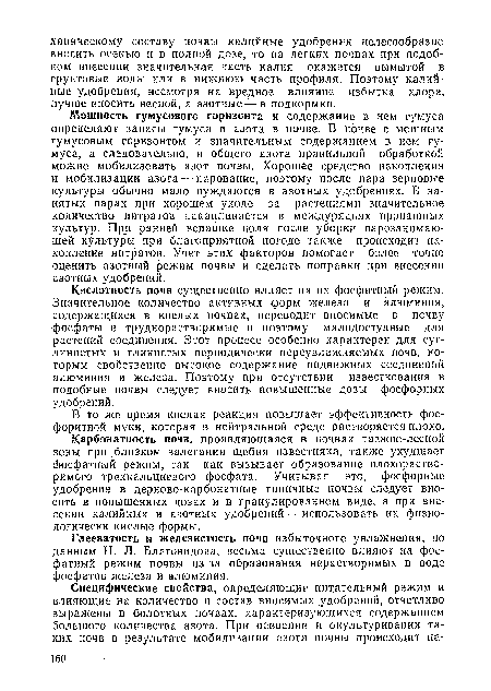 Кислотность почв существенно влияет на их фосфатный режим. Значительное количество активных форм железа и алюминия, содержащихся в кислых почвах, переводит вносимые в почву фосфаты в труднорастворимые и поэтому малодоступные для растений соединения. Этот процесс особенно характерен для суглинистых и глинистых периодически переувлажняемых почв, которым свойственно высокое содержание подвижных соединений алюминия и железа. Поэтому при отсутствии известкования в подобные почвы следует вносить повышенные дозы фосфорных удобрений.