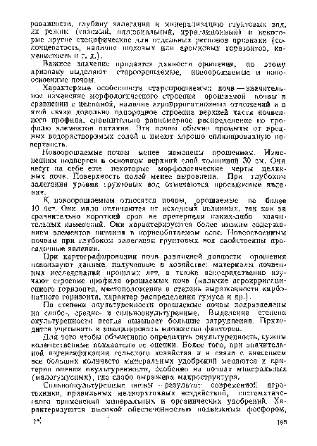 Новоорошаемые почвы менее изменены орошением. Изменениям подвергся в основном верхний слой толщиной 30 см. Они несут на себе еще некоторые морфологические черты целинных почв. Поверхность полей менее выровнена. При глубоком залегании уровня грунтовых вод отмечаются просадочные явления.