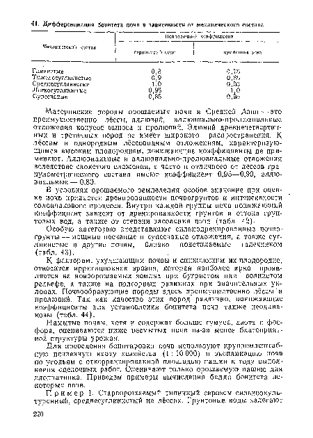 Материнские породы орошаемых почв в Средней Азии — это преимущественно лёссы, аллювий, аллювиально-пролювиальные отложения конусов выноса и пролювий. Элювий древнечетвертичных и третичных пород не имеет широкого распространения. К лёссам и однородным лёссовидным отложениям, характеризующимся высоким плодородием, понижающие коэффициенты не применяют. Аллювиальные и аллювиально-пролювиальные отложения вследствие слоистого сложения, а часто и отличного от лессов гранулометрического состава имеют коэффициент 0,95—0,90, аллювиальные — 0,80.