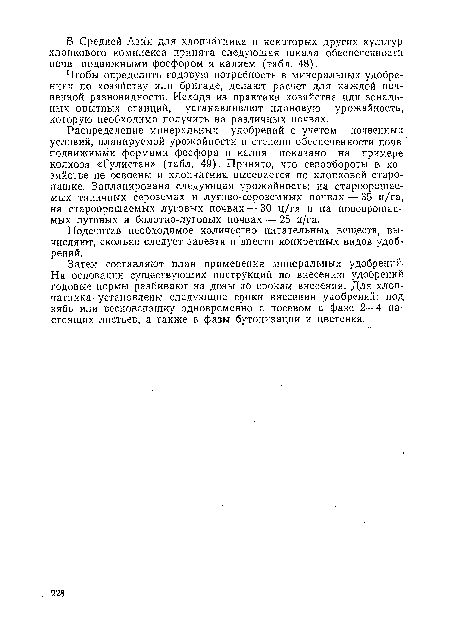 Чтобы определить годовую потребность в минеральных удобрениях по хозяйству или бригаде, делают расчет для каждой почвенной разновидности. Исходя из практики хозяйства или зональных опытных станций, устанавливают плановую урожайность, которую необходимо получить на различных почвах.