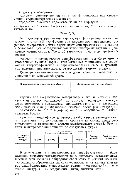 В соответствии с принадлежностью аэрофотоснимка к определенной почвенно-географической зоне, используя сведения предшествующего изучения природной обстановки и условий почвообразования, отображенных на снимке, провести на кальке почвенное дишифрирование с нанесением границ предполагаемых почвенных контуров и их содержания (типы, подтипы почв).