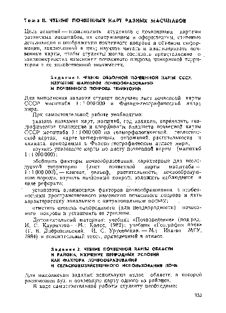 Для выполнения задания студент получает лист почвенной карты СССР масштаба 1 : 1 ООО ООО и Физико-географический атлас мира.