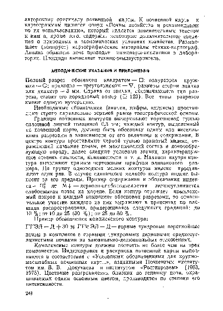 Полный разрез обозначен квадратом — □; полуразрез кружком— О; прикопка — треугольником — V, размеры сторон значка или диаметр — 3 мм. Справа от значка, обозначающего тип разреза, ставят его порядковый номер (□ 123). Все типы разрезов имеют единую нумерацию.