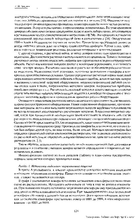 С другой стороны, и расчетный метод, и метод замеров имеют свои преимущества и недостатки. Достоинством расчетного метода является его дешевизна. Только с помощью расчетного метода можно определить выбросы для строящегося или реконструируемого объекта. Расчетные массовые выбросы даются с некоторым усреднением, и их точность ниже, чем при замерах. Расчетами невозможно учесть все особенности работы источника выделения, пылегазоочистной установки, источника загрязнения атмосферы в конкретных производственных условиях. Однако усредненные расчетные нормы выделений загрязняющих веществ позволяют избежать и больших ошибок, возможных при замерах и вызванных неполной загрузкой оборудования, неудовлетворительной работой системы отсоса газов и пыли, погрешностью методики замеров, погрешностью приборов, ошибками оператора и т. д. Расчетный балансовый метод позволяет с высокой точностью определить валовые выбросы загрязняющих веществ в атмосферу по сравнению с замеренным массовым выбросом и принимаемым временем работы оборудования.