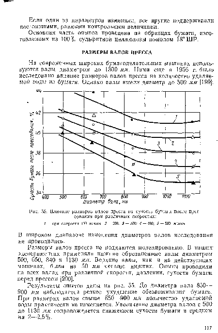Влияние размеров валов пресса на сухость бумаги после прессования при различных скоростях