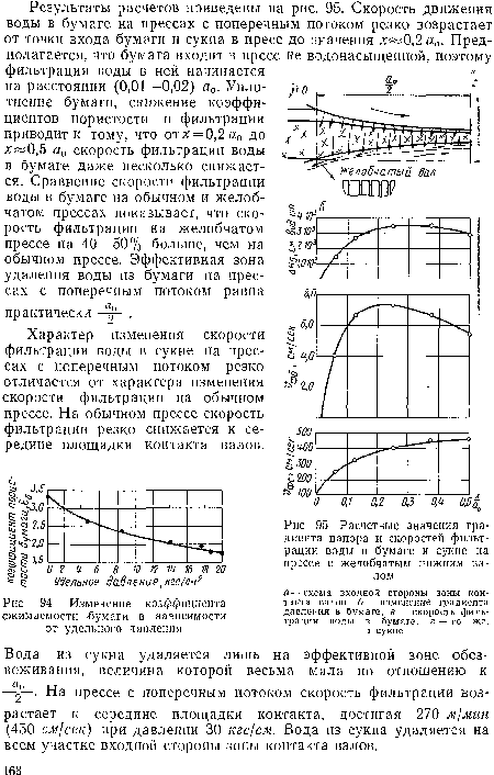 Характер изменения скорости фильтрации воды в сукне на прессах с поперечным потоком резко отличается от характера изменения скорости фильтрации на обычном прессе. На обычном прессе скорость фильтрации резко снижается к середине площадки контакта валов.
