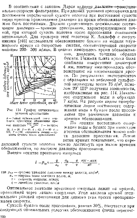 Оптимальное значение прессового импульса лежит на прямой, проходящей через начало координат. Угол наклона прямой оптимальных условий прессования для данного типа пресса пропорционален скорости.