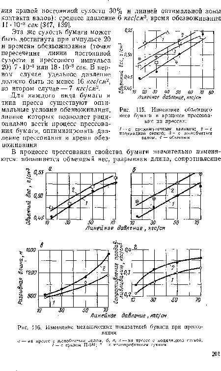 Изменение объемного веса бумаги в процессе прессования на прессах