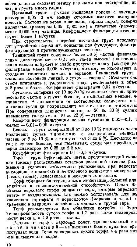 При строительстве погребов песчаный грунт используи для устройства оснований, подсыпок под фундамент, фильтро фильтрующих и противопучинистых засыпок.