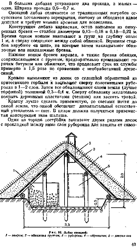 Кровлю выполняют из досок со сплошной обрешеткой из притесанного горбыля и задгилдот сверху полотнищами рубероида в 1—2 слоя. Затем все обваловывают слоем земли (лучше торфяной) толщиной 0,3—0,4 м. Сверху обваловку желательно покрыть дерновыми пластинами (чепцом) или засеять травой.