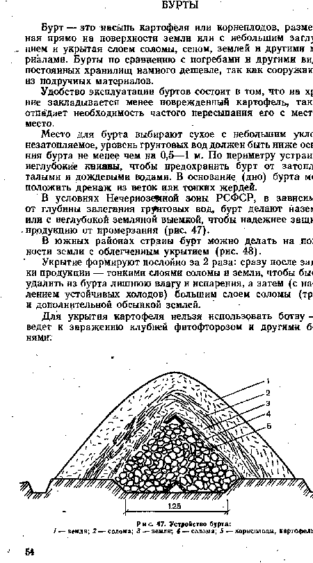 Бурт — это насыпь картофеля или корнеплодов, разме ная прямо на поверхности земли или с небольшим загл] . нием и укрытая слоем соломы, сеном, землей и другими 8 риалами. Бурты по сравнению с погребами и другими ви, постоянных хранилищ намного дешевле, так как сооружаю из подручных материалов.