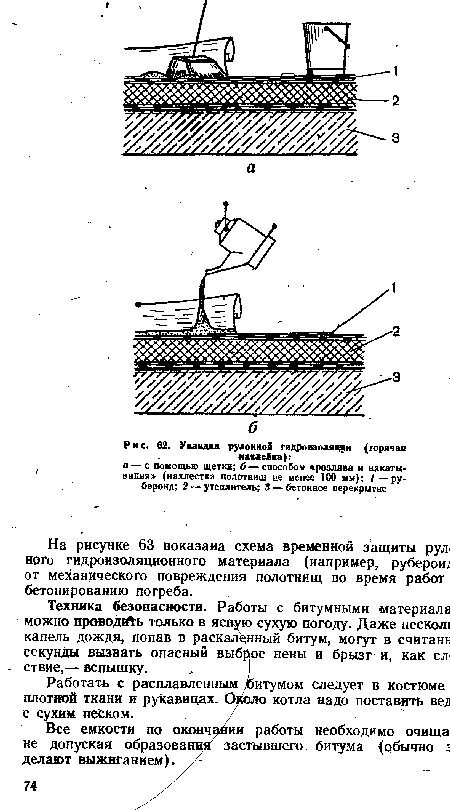 На рисунке 63 показана схема временной защиты рул< ного гидроизоляционного материала (например, рубероид от механического повреждения полотнищ во время работ бетонированию погреба.