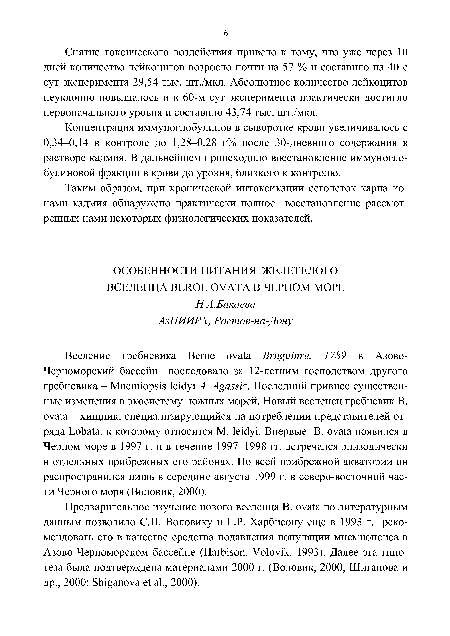 Снятие токсического воздействия привело к тому, что уже через 10 дней количество лейкоцитов возросло почти на 57 % и составило на 40-е сут эксперимента 29,54 тыс. шт./мкл. Абсолютное количество лейкоцитов неуклонно повышалось и к 60-м сут эксперимента практически достигло первоначального уровня и составило 43,74 тыс. шт./мкл.