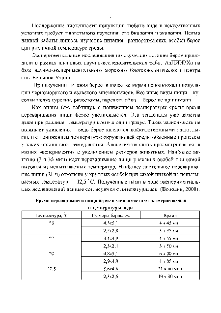 Как видим (см. таблицу), с понижением температуры среды время переваривания пищи берое увеличивается. Эта тенденция уже заметна даже при разнице температур всего в один градус. Такая зависимость не вызывает удивления - ведь берое являются пойкилотермными животными, и с понижением температуры окружающей среды обменные процессы у таких организмов замедляются. Аналогичная связь просматривается в наших экспериментах с увеличением размеров животных. Наиболее активно (3 ч 35 мин) идет переваривание пищи у мелких особей при самой высокой из испытываемых температур. Наиболее длительное переваривание пищи (21 ч) отмечено у крупных особей при самой низкой из испытываемых температур - 12,5 °С. Полученные нами в ходе экспериментальных исследований данные согласуются с литературными (Воловик, 2000).