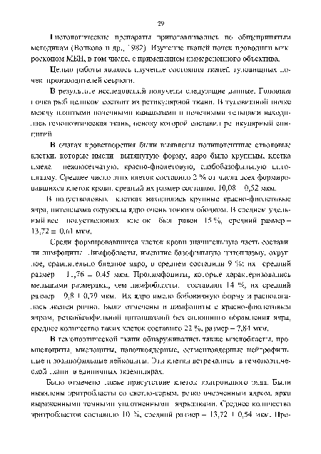 В полустволовых клетках находились крупные красно-фиолетовые ядра, цитоплазма окружала ядро очень тонким ободком. В среднем удельный вес полустволовых клеток был равен 15%, средний размер -13,72 ± 0,61 мкм.