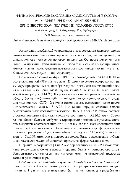 Актуальной проблемой современного осетроводства является оценка физиологического состояния производителей осетра, используемых для прижизненного получения половых продуктов. Остаются неизученными гематологические и биохимические показатели у самок осетра при внесезонном взятии икры, дающем возможность круглогодично получать рыбопосадочный материал и пищевую икру.