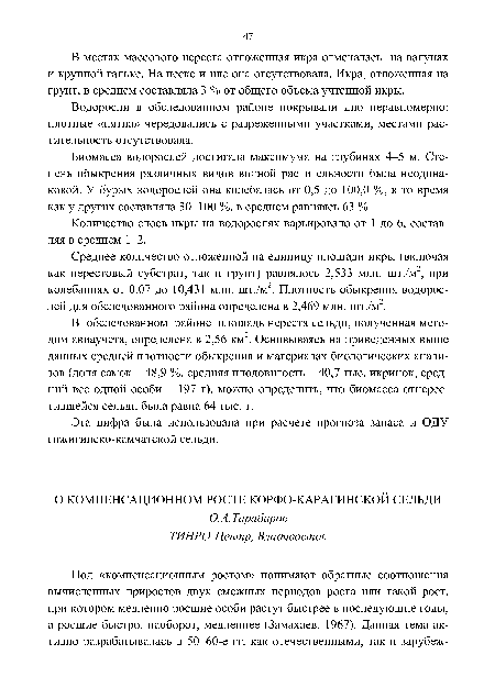 Среднее количество отложенной на единицу площади икры (включая как нерестовый субстрат, так и грунт) равнялось 2,533 млн. шт./м , при колебаниях от 0,07 до 10,431 млн. шт./м . Плотность обыкрения водорос-лей для обследованного района определена в 2,469 млн. шт./м .