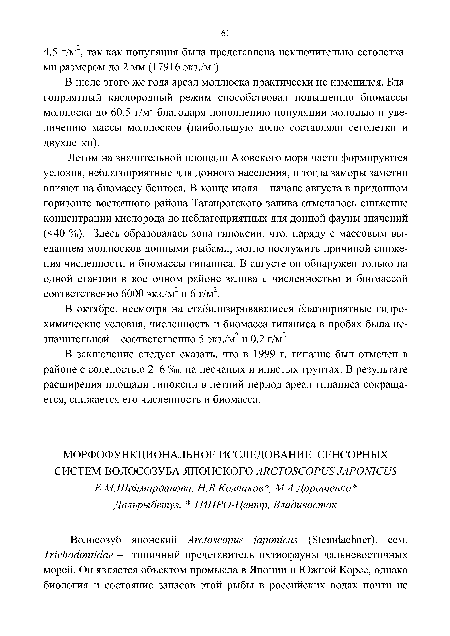 В заключение следует сказать, что в 1999 г. гипанис был отмечен в районе с соленостью 2-6 %о, на песчаных и илистых грунтах. В результате расширения площади гипоксии в летний период ареал гипаниса сокращается, снижается его численность и биомасса.