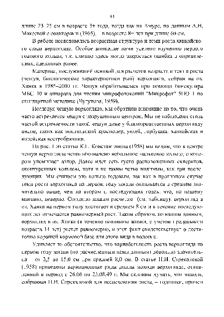 На рис. 1 из статьи К.Г. Константинова (1958) мы видим, что в центре чешуи верхогляда четко обозначено небольшое мальковое кольцо, о котором упоминает автор. Далее идет сеть густо расположенных склеритов, оконтуренных кольцом, хотя и не таким четко видимым, как три последующих. Мы считаем это кольцо годовым, так как в противном случае темп роста верхогляда на первом году жизни оказывается в среднем значительно выше, чем на втором и последующих годах, что, по нашему мнению, неверно. Согласно нашим расчетам (см. таблицу), верхогляд в оз. Ханка на первом году достигает в среднем 8 см и в течение последующих лет отмечается равномерный рост. Таким образом, по нашим данным, верхогляд в оз. Ханка (в течение половины жизни, с учетом предельного возраста 14 лет) растет равномерно, и этот факт свидетельствует о достаточно хорошей кормовой базе для этого вида в водоеме.