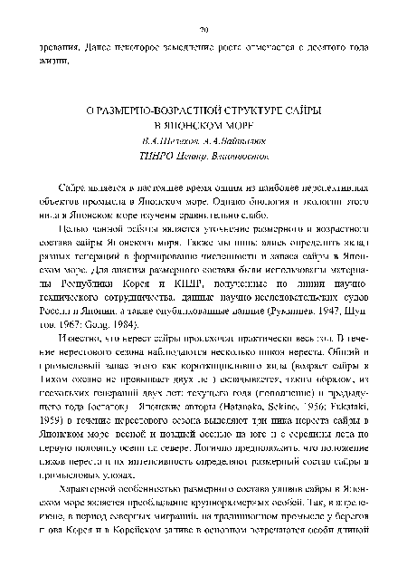 Сайра является в настоящее время одним из наиболее перспективных объектов промысла в Японском море. Однако биология и экологии этого вида в Японском море изучены сравнительно слабо.