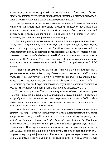 В этот же период на Ханке температура воды обычно достигает практически таких же значений, как на водохранилищах южного Приморья, а на р. Сунгача, вытекающей из озера, термический режим в 2000 г. был даже выше, чем на юге. Нерест рыб в реке так же, как и в южных водоёмах, проходил раньше, чем на озере.