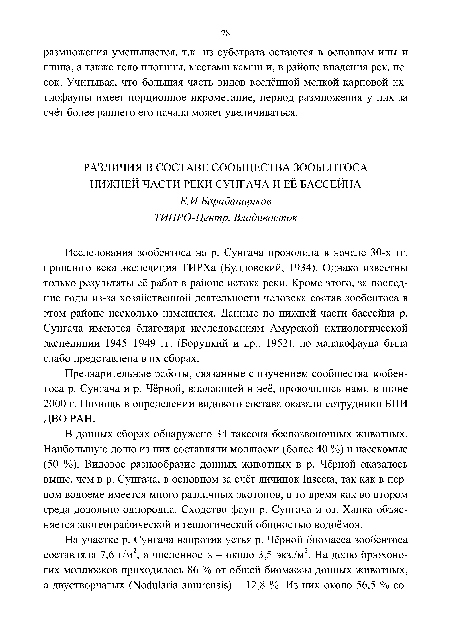 В донных сборах обнаружено 34 таксона беспозвоночных животных. Наибольшую долю из них составляли моллюски (более 40 %) и насекомые (50 %). Видовое разнообразие донных животных в р. Чёрной оказалось выше, чем в р. Сунгача, в основном за счёт личинок 1п8ес1а, так как в первом водоёме имеется много различных экотопов, в то время как во втором среда довольно однородна. Сходство фаун р. Сунгача и оз. Ханка объясняется зоогеографической и геологической общностью водоёмов.