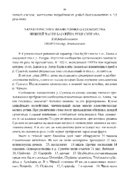 Р. Сунгача имеет равнинный характер. Она берёт начало в оз. Ханка и соединяет его с р. Уссури. Изучение сообщества сунгачинского зоопланктона ни разу не проводилось. В 1933 г. экспедицией ТИРХа при переходе катером из оз. Ханка в р. Амур были взяты несколько планктонных проб в р. Сунгача, однако результаты этих исследований остались неизвестны.