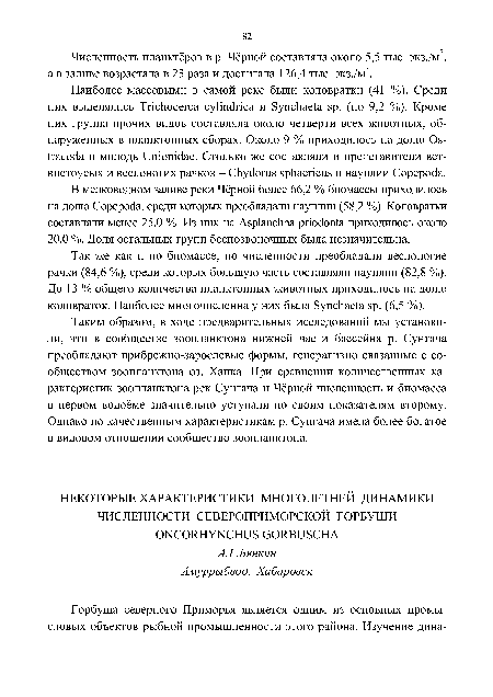 Так же как и по биомассе, по численности преобладали веслоногие рачки (84,6 %), среди которых большую часть составляли науплии (82,8 %). До 13 % общего количества планктонных животных приходилось на долю коловраток. Наиболее многочисленна у них была Synchaeta sp. (6,5 %).