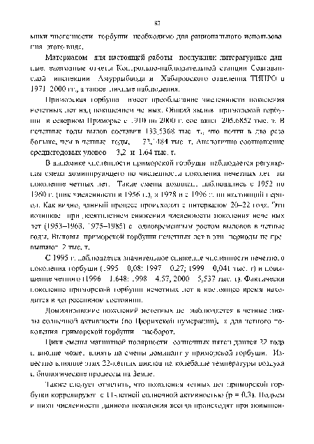 С 1995 г. наблюдается значительное снижение численности нечетного поколения горбуши (1995 - 0,08; 1997 - 0,27; 1999 - 0,041 тыс. т) и повышение четного (1996 - 1,648; 1998 - 4,57; 2000 - 5,537 тыс. т). Фактически поколение приморской горбуши нечетных лет в настоящее время находится в депрессивном состоянии.