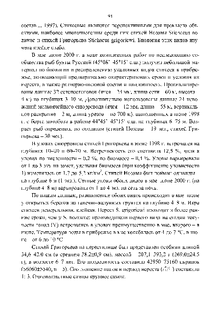 По нашим данным, размножение обоих видов происходит в мае-июне у открытых берегов на галечно-валунных грунтах на глубине 4-8 м. Икра стихеев демерсальная, клейкая. Нерест 8. grigoriewi проходит в более ранние сроки, чем у 8. погаууае: производители первого вида на стадии текучести гонад (V) встречались в уловах преимущественно в мае, второго - в июне. Температура воды в прибрежье в мае колебалась от 4 до 7 °С, в июне - от 6 до 10 °С.