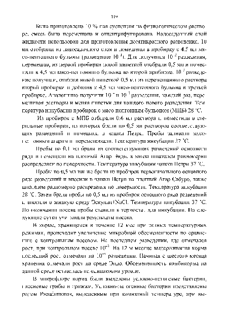 Из пробирок с МПБ отбирали 0,6 мл раствора и поместили в стерильные пробирки, из которых брали по 0,5 мл растворов соответствующих разведений и помещали в чашки Петри. Пробы заливали мясо-пептонным агаром и перемешивали. Температура инкубации 37 С.