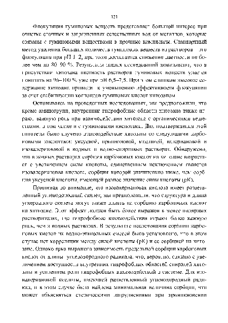 Флокуляция гуминовых веществ представляет большой интерес при очистке сточных и загрязненных естественных вод от металлов, которые связаны с гуминовыми веществами в прочные комплексы. Стандартный метод удаления больших количеств гуминовых веществ из растворов - это флокуляция при pH 1-2, при этом достигается снижение цветности не более чем на 80-90 %. Результаты наших исследований показывают, что в присутствии хитозана цветность растворов гуминовых веществ удается понизить на 96-100 % уже при pH 6,5-7,5. При этом слишком высокое содержание хитозана приводит к уменьшению эффективности флокуляции за счет стабилизации коллоидов гуминовых кислот хитозаном.