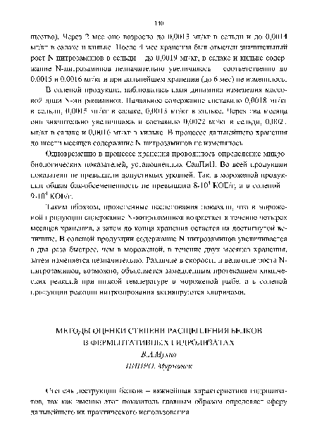 Таким образом, проведенные исследования показали, что в мороженой продукции содержание Ы-нитрозаминов возрастает в течение четырех месяцев хранения, а затем до конца хранения остается на достигнутой величине. В соленой продукции содержание Ы-нитрозаминов увеличивается в два раза быстрее, чем в мороженой, в течение двух месяцев хранения, затем изменяется незначительно. Различие в скорости и величине роста 1Ч[-нитрозаминов, возможно, объясняется замедленным протеканием химических реакций при низкой температуре в мороженой рыбе, а в соленой продукции реакции нитрозирования активируются хлоридами.