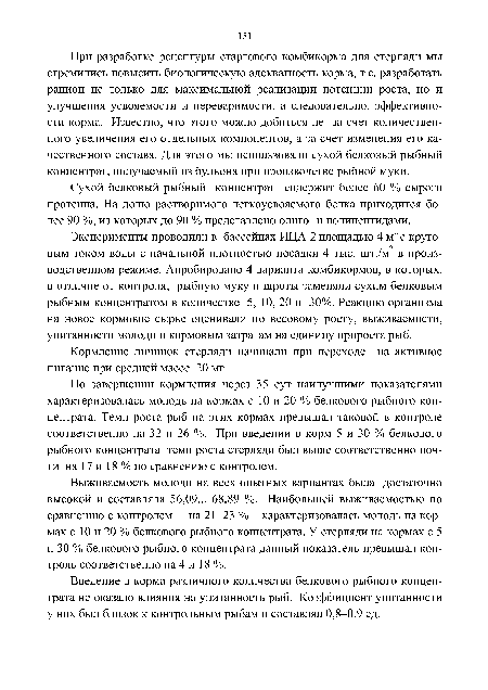 По завершении кормления через 35 сут наилучшими показателями характеризовалась молодь на кормах с 10 и 20 % белкового рыбного концентрата. Темп роста рыб на этих кормах превышал таковой в контроле соответственно на 32 и 26 %. При введении в корм 5 и 30 % белкового рыбного концентрата темп роста стерляди был выше соответственно почти на 17 и 18 % по сравнению с контролем.