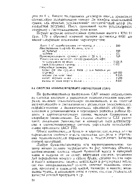 По функциональному назначению САУ можно подразделить на системы контроля и управления технологическими параметрами, включая технологическую сигнализацию, и на системы автоматического и дистанционного управления электрическими, гидравлическими и пневматическими приводами силовых механизмов в установившемся и переходных режимах работы бумага- и картоноделательных машин, включая блокировки и аварийную сигнализацию. По степени сложности САУ различают: локальные разомкнутые и замкнутые одно-двухконтур-ные и автоматизированные системы управления технологическими процессами (АСУТП).
