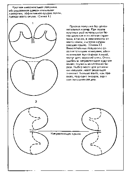 Простая ловушка без дополнительных камер. При ловле крупных рыб используется более широкая и короткая горловина, а также, в зависимости от места ловли, съемное направляющее крыло. (Схема 2.) Вместительные ловушки с дополнительными камерами, обозначенными пунктирной линией, могут дать хороший улов. Очень удобным направляющим крылом может служить затопленная береза. Выбор места для установки ловушек имеет решающее значение. Больше всего, как правило, подходит твердое, заросшее полушником дно.