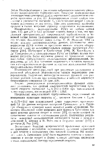 Исследование автокорреляций при различных наполнениях и различной абсолютной шероховатости канала подтвердило универсальность полученных автокорреляционных функций для различных условий течения при использовании в качестве параметра безразмерного отношения ///г (рис. 2.8).