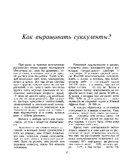 А теперь обратимся к условиям освещенности в наших комнатах. Они, конечно, могут быть очень различными — северное или южное окно, 1-й или 10-й этаж, растут ли деревья перед окнами, а может быть, стена дома дает отраженный свет.