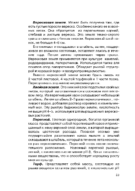 Его снимают и складывают в штабель, затем, поддерживая во влажном состоянии, оставляют лежать в течение года. Потом землю просеивают через грохот. Вересковая земля применяется при культуре камелий, рододендронов, папоротников. Используется также для посевов спор папоротников. Обладает рыхлой структурой и хорошей водо- и воздухопроницаемостью.