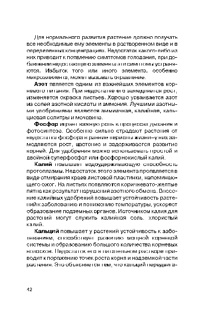 Азот является одним из важнейших элементов корневого питания. При недостатке его замедляется рост, изменяется окраска листьев. Хорошо усваивается азот из солей азотной кислоты и аммония. Лучшими азотными удобрениями являются аммиачная, калийная, кальциевая селитры и мочевина.