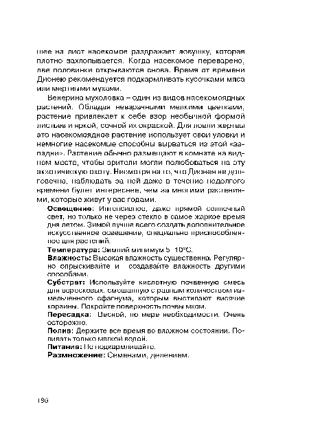 Венерина мухоловка - один из видов насекомоядных растений. Обладая невзрачными мелкими цветками, растение привлекает к себе взор необычной формой листьев и яркой, сочной их окраской. Для ловли жертвы это насекомоядное растение использует свои уловки и немногие насекомые способны вырваться из этой «западни». Растение обычно размещают в комнате на видном месте, чтобы зрители могли полюбоваться на эту экзотическую охоту. Несмотря на то, что Дионея не долговечна, наблюдать за ней даже в течение недолгого времени будет интереснее, чем за многими растениями, которые живут у вас годами.