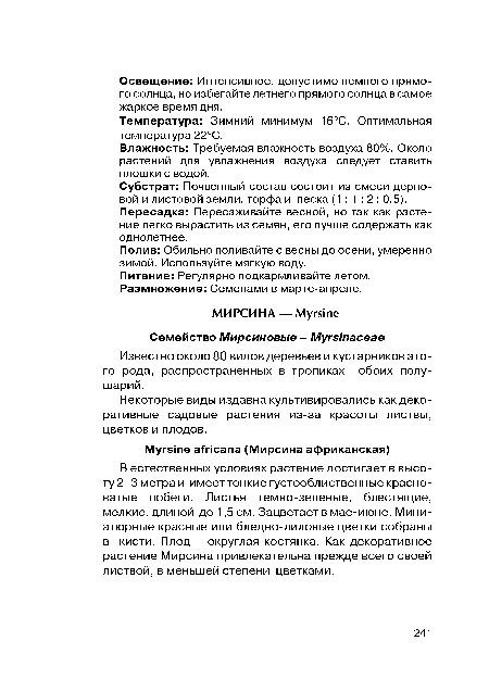 Температура: Зимний минимум 16°С. Оптимальная температура 22°С.