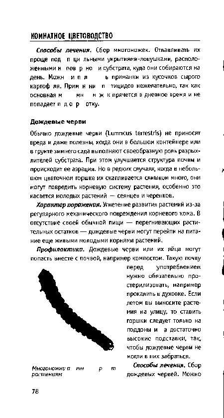 Характер поражения. Угнетение развития растений из-за регулярного механического повреждения корневого кома. В отсутствие своей обычной пищи — перегнивающих растительных остатков — дождевые черви могут перейти на питание еще живыми молодыми корнями растений.