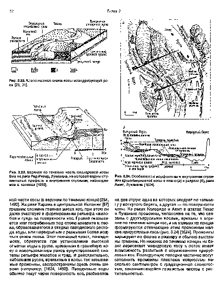Особенности морфологии и внутреннее строение крупнозернистой косы в плане (а) и разрезе (б), река Амит, Луизиана [1624].