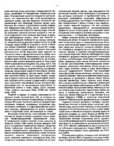 Сейши (стоячие волны на поверхности воды). Скольжение ветра по водной поверхности вызывает нагнетание воды в направлении ветра. В широких мелководных озерах это нагнетание вызывает обратные-течения, которые огибают озеро по сторонам и сходятся на его подветренной половине. Однако в глубоких нестратифицирован-ных озерах обратное течение наблюдается у дна, причем его нулевая отметка достигает некоторой глубины в столбе воды. Если вода стратифицирована, термоклин (или самый высокий термоклин в случае многократной стратификации) может принять наклонное положение. Когда ветер стихает, вода оттекает назад в виде непротивоположного градиентного течения. Так возникают периодические раскачивающие движения, называемые сейшами. Период колебания сейшей целиком зависит от размеров и формы озера. Вертикальная амплитуда таких стоячих волн может быть весьма значительной: в Европе наибольшие по амплитуде сейши наблюдались в 1841 г. на Женевском озере. Внутренние сейши, обязанные своим появлением колебанию термоклина, имеют период и амплитуду значительно большие, чем обычные сейши (период 24 ч и амплитуда 10 м в озере Мадюзее [1006]), и являются важнейшей формой глубоководных движений воды в озерах.