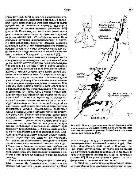 Палеогеографическая реконструкция девонского периода в Оркадской котловине с учетом горизонтальных смещений по разлому Грейт-Глен и сопряженным с ним разломом [643].