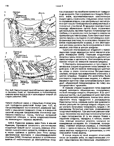 Реконструкция палеообстановки плиоценового бассейна Ридж, шт. Калифорния, в глубоководную озерную и(или) морскую (а) и мелководную озерную (б) стадии развития [1505].