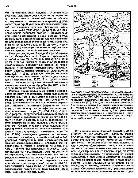 Шельфы без рифов. В средней юре обширные части Северо-Западной Европы представляли собой эпиконтинентальный шельф, открытый на юг, в Тетис. Рифовые пояса отсутствовали и накапливались карбонатные фации: а) прилегающие к неглубоко погруженному палеозойскому массиву (Лондонско-Брабантский массив) (рис. 10.37) и б) на обширном шельфе, окруженном областью накопления глубоководных кварцевых мергелей (рис. 10.37). Эти хорошо известные отложения послужили основой многочисленных моделей для интерпретации лито- и биофаций, имеющих общее значение.