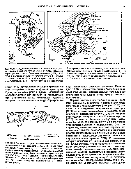 Среднесилурийские постройки и карбонатные фации Среднего Запада США с врезкой, показывающей фации силура Северной Америки [1537, 1652, 2629]. а. Литофации верхов среднего силура